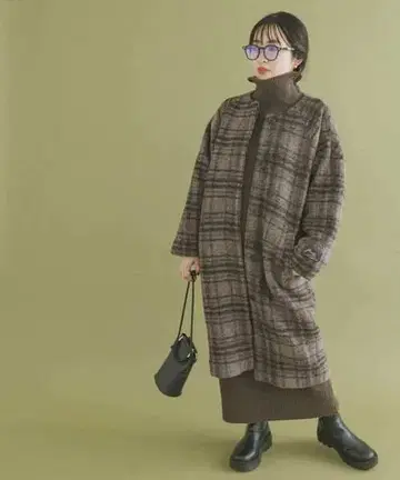 새상품급 어반 리서치 샤기 노카라 코트 체크 브라운 루즈핏