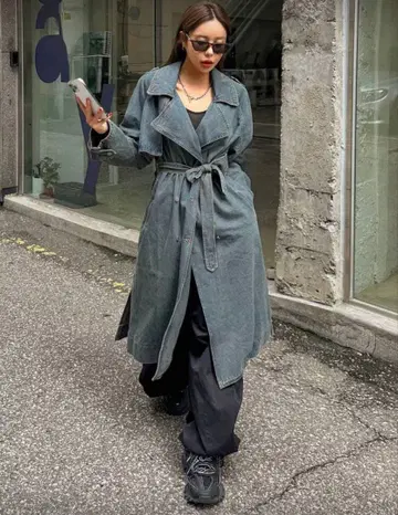 데님 트렌치코트 워시 데님