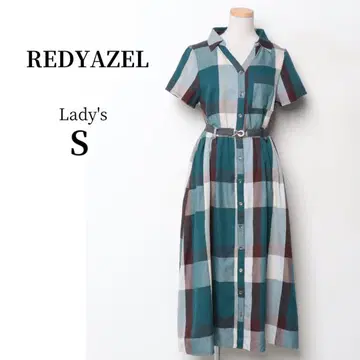 REDYAZEL 체크 무늬 원피스 반팔 셔츠 원피스 그린 벨트 포함 S