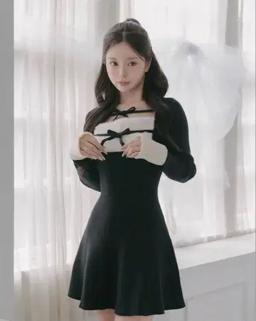 Darich 리본 퍼 플레어 니트 미니 원피스 free