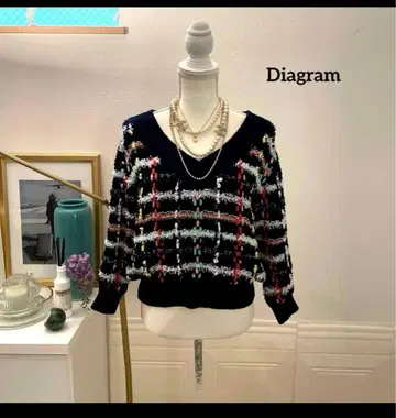 [ 3만 엔 ] Diagram 스티치 뜨개질 디자인 멀티 컬러 니트
