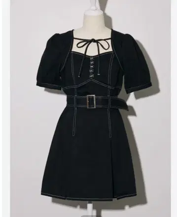 pium 플리츠 벨트 데님 미니 원피스