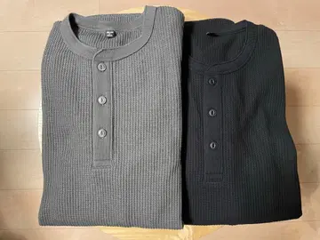 [ 블랙/그레이 2장 세트 ] 와플 헨리넥 T셔츠