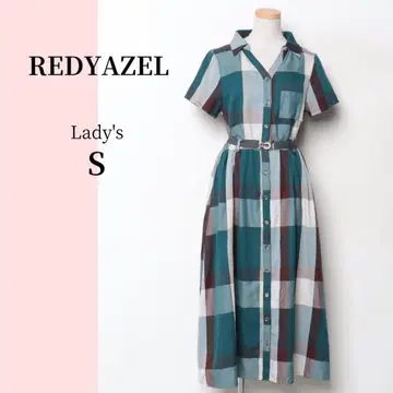 REDYAZEL 체크 무늬 원피스 반팔 셔츠 원피스 그린 벨트 포함 S