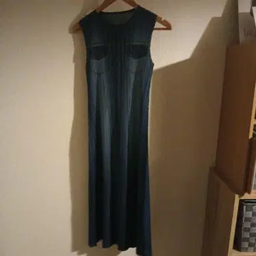 다크 데님 슬리브리스 롱 원피스