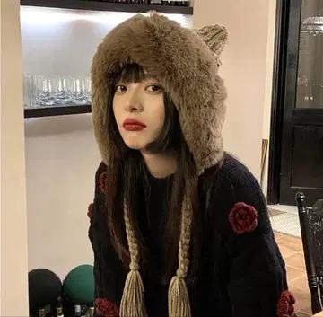 [ 특가 ] 고양이 귀 니트 모자 여성용 브라운 귀달린 귀여운 소두 효과