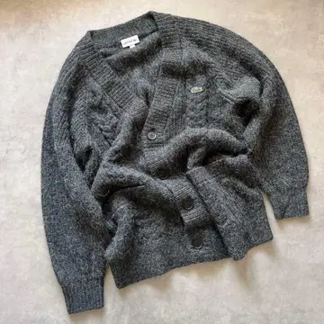라코스테 알파카 혼방 가디건 니트 스웨터 케이블 로고 그레이