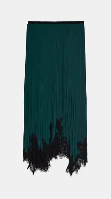 다크 그린 플리츠 롱 스커트 레이스 포함