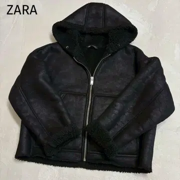 새상품급 자라 무스탕 보아 후데트 봄버 자켓 크롭 블랙 XL