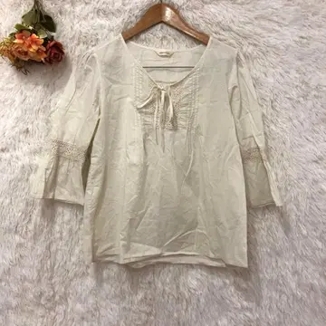 메이 네이비 리본넥 자수 블라우스 [ L ] 코튼 7부 소매 봄/여름