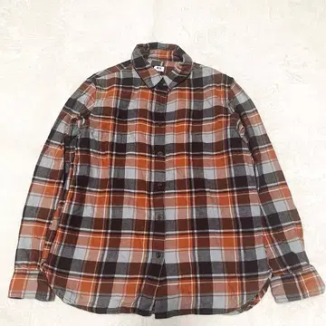 유니클로 오렌지 브라운 플란넬 체크 셔츠 M