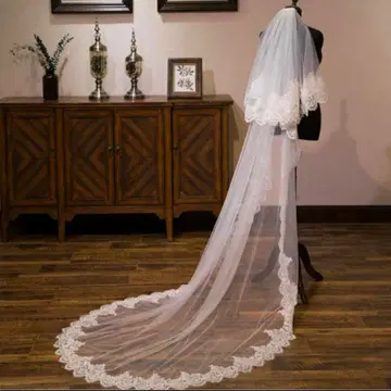화이트 레이스 엣지 롱 웨딩 베일