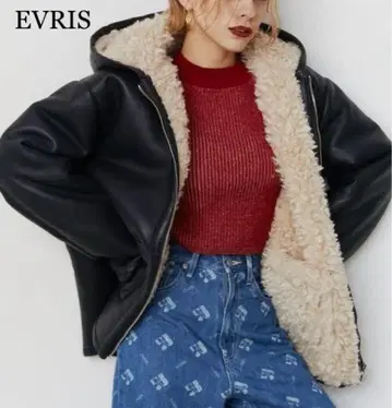 새상품급 EVRIS 에브리스 리버서블 후드 보아 블루종 블랙 F