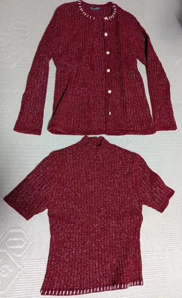 [ 미사용 ] 가디건 + 반팔 니트 앙상블 L 사이즈 라메 믹스 일본제