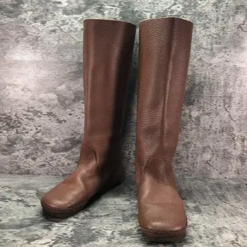 인기 코스 [23.5] 롱 부츠 가죽 주름 가공 브라운