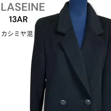 LASEINE 블랙 롱 코트 가로 실 캐시미어 100% 심플 13