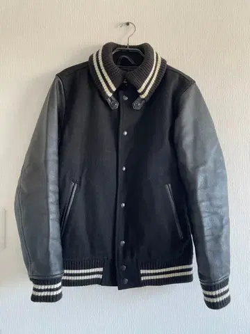 BEAMS 빔즈 바시티 자켓 울 램 가죽 블랙