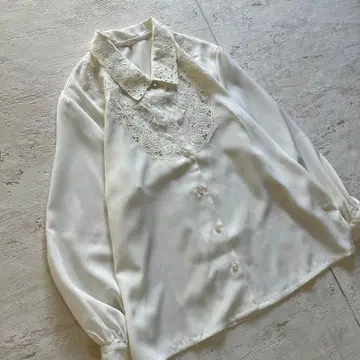 쇼와 레트로 화이트 레이스 옷깃 긴팔 블라우스 고급 빈티지 M 사이즈