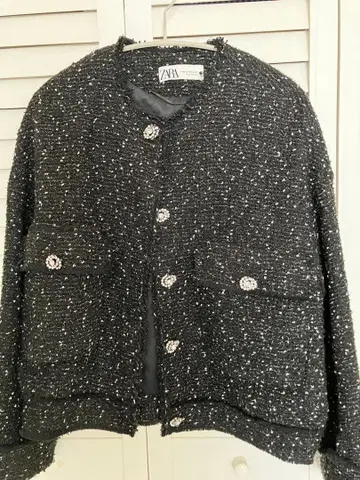 ZARA 노카라 자켓 XS 블랙 화이트 라메 트위드