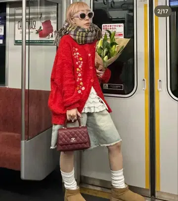 Alley Tokyo 레드 꽃무늬 자수 니트 가디건 프리 사이즈