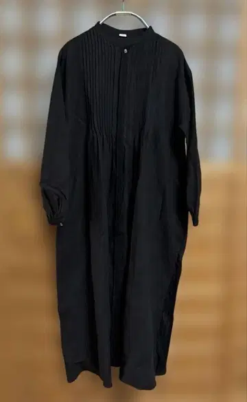 wafu. 블랙 린넨 셔츠 원피스 핀턱 레이스 프렌치 린넨