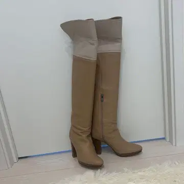 긴자 카네마츠 베이지 가죽 오버니 부츠