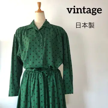 [ vintage ] 일본제 그린 컬러 블랙 도트 무늬 셔츠 스커트 셋업