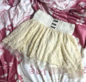 리즈리사 LIZLISA 무릎 위 치마바지 리본 레이스 튤 아이보리 화이트