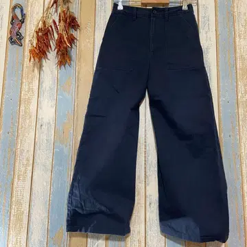 [ GU ] 베이커 와이드 레그 팬츠 내추럴 면 네이비 M