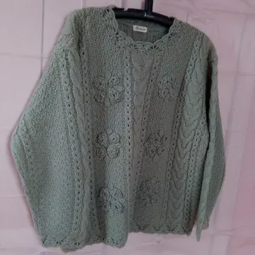 그린 케이블 짜임 손뜨개질 니트 스웨터 긴팔 플라워 모티브