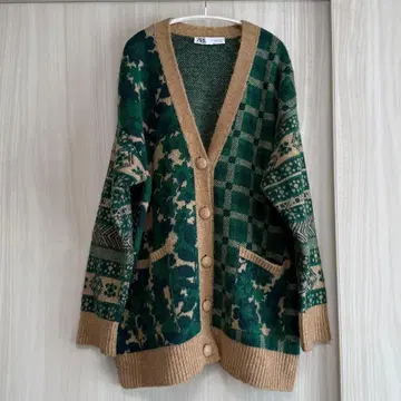 ZARA 가디건 기하학 패턴 카모플라쥬 그린 M 사이즈 여성용