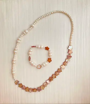 담수 진주 목걸이 팔찌 2세트 꽃 모티브