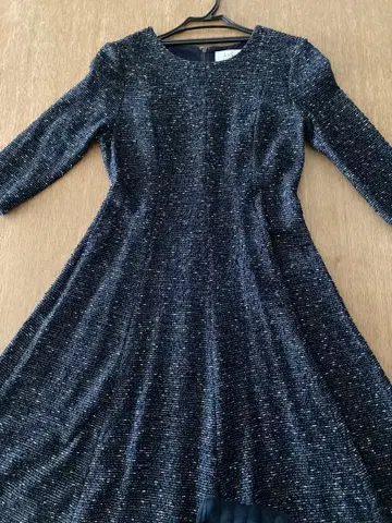 네이비 라메 믹스 A라인 원피스 7부 소매