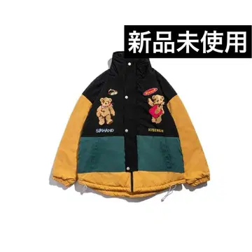 아메카지 베어 자수 배색 절개 블루종 자켓