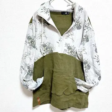 꽃무늬 지퍼 후드티 [ M ] 카키 후드 부착 후드티