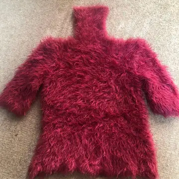 미사용 새상품 핸드메이드 손뜨개질 버건디 퍼 오부 소매 상의 S M