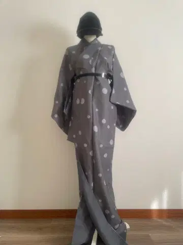 퍼플 그레이 물방울 패턴 코몬 기모노