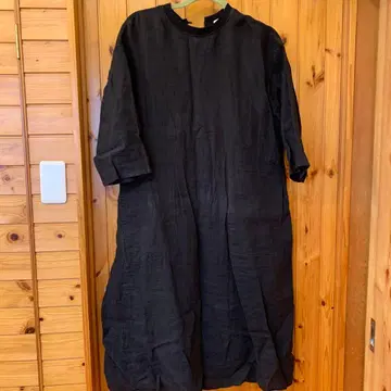 블랙 7부 소매 롱 원피스 린넨