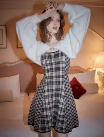 LIP SERVICE 페더 체크 앙상블 원피스 브라운 M