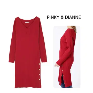 PINKY & DIANNE 사이드 슬릿 리브 원피스 레드 38