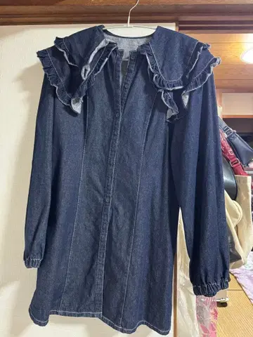 더블 프릴 옷깃 롱 슬리브 미니 원피스