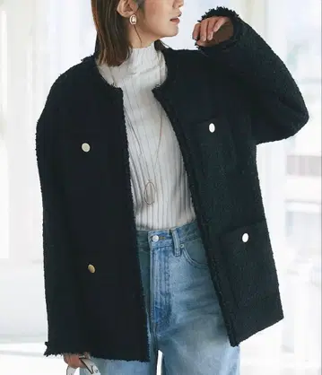 리브 드와 트위드 프린지 자켓 블랙