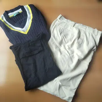 네이비 V넥 스웨터와 슬랙스 세트 여성용 L 사이즈