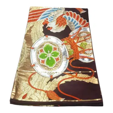 후쿠로 오비 금실 자수 봉황 네잎 클로버 기모노 오비 와인 레드 세련됨