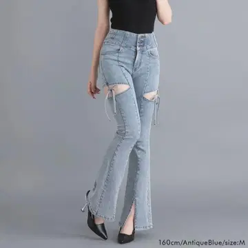 [ 새상품급 ] 유메텐보 슬릿 장식 컷 아웃 리본 플레어 데님 팬츠