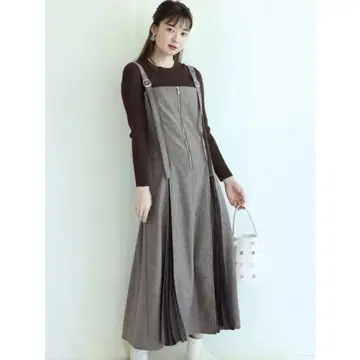 Mystrada 바닥 플리츠 레이어드 원피스 브라운