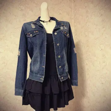 헤이세이 갸루 00s 데미지 가공 별 모양 자수 데님 자켓 Y2K