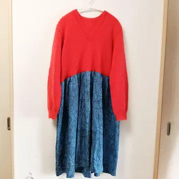 오렌지 파랑 긴팔 플레어 원피스 구제 의류 리메이크