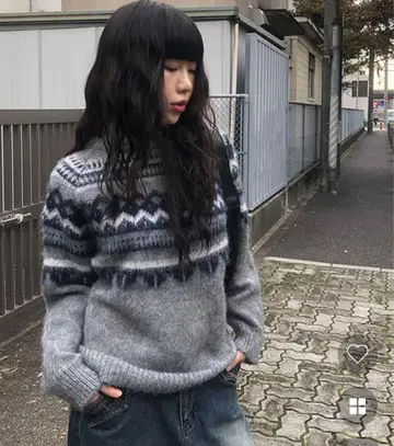 노르딕 무늬 루즈 라운드넥 니트 nugu 그레이