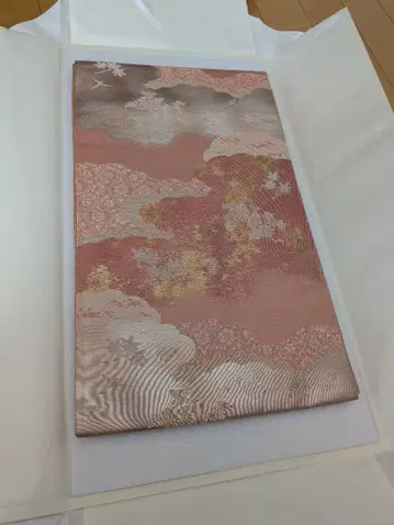 후쿠로 오비 교니시키 구모토리 문양 학 꽃 핑크 실버 그레이 금채